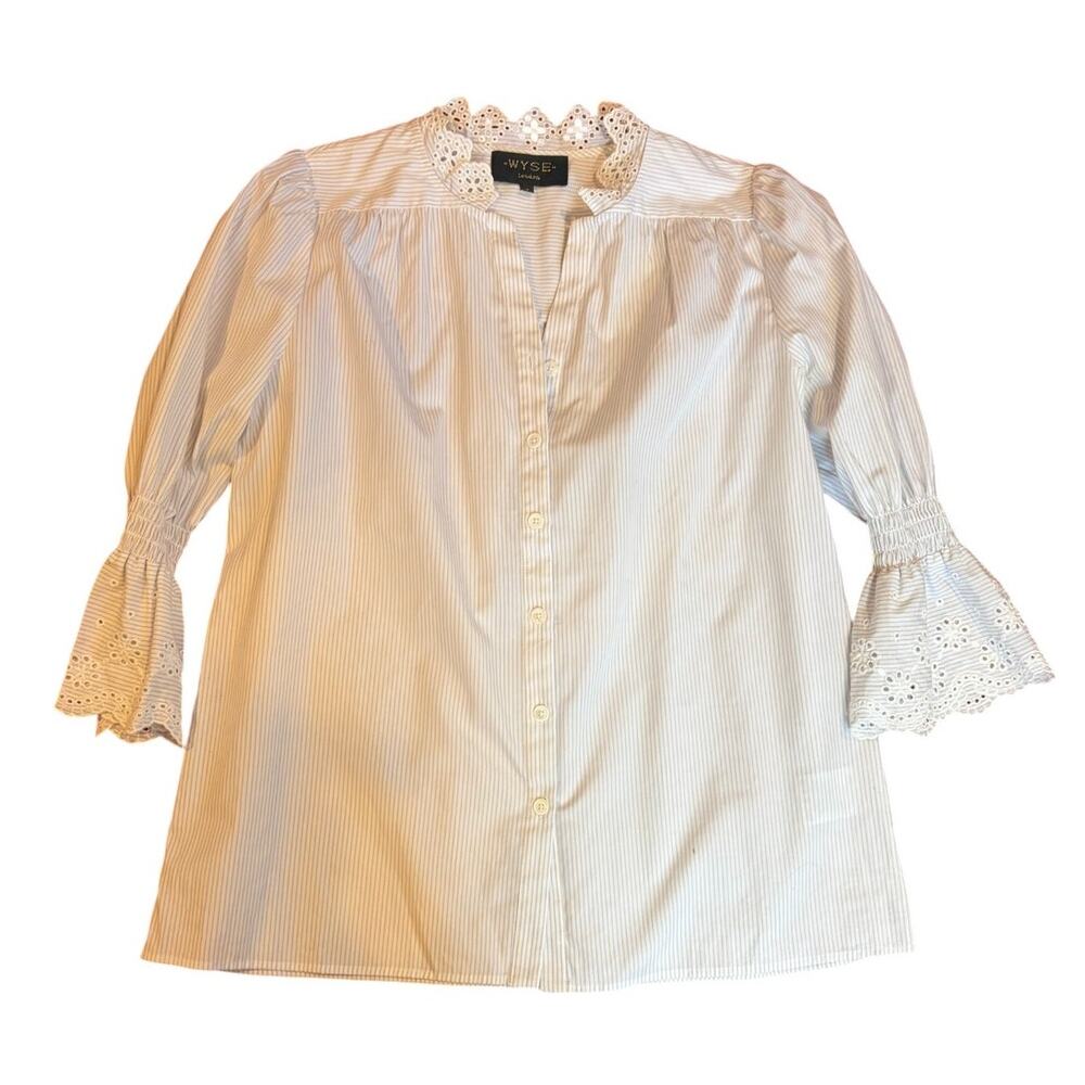 WYSE LONDON Women’s Striped Eyelet Ruffle Blouse Size 2 (US 6) Grey White